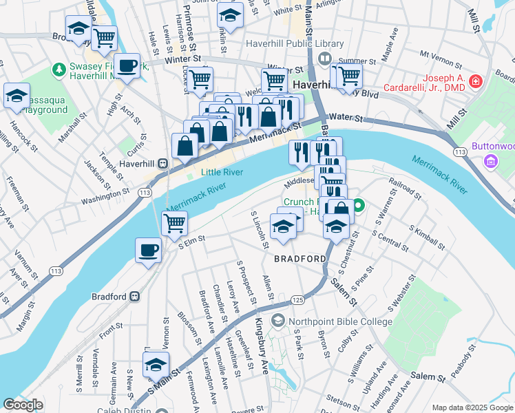 map of restaurants, bars, coffee shops, grocery stores, and more near 94 Middlesex Street in Haverhill