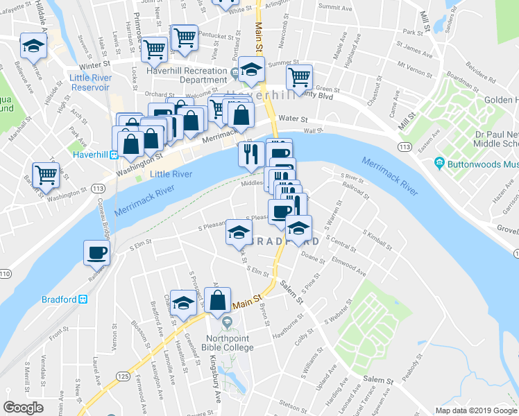 map of restaurants, bars, coffee shops, grocery stores, and more near 14 South Summer Street in Haverhill