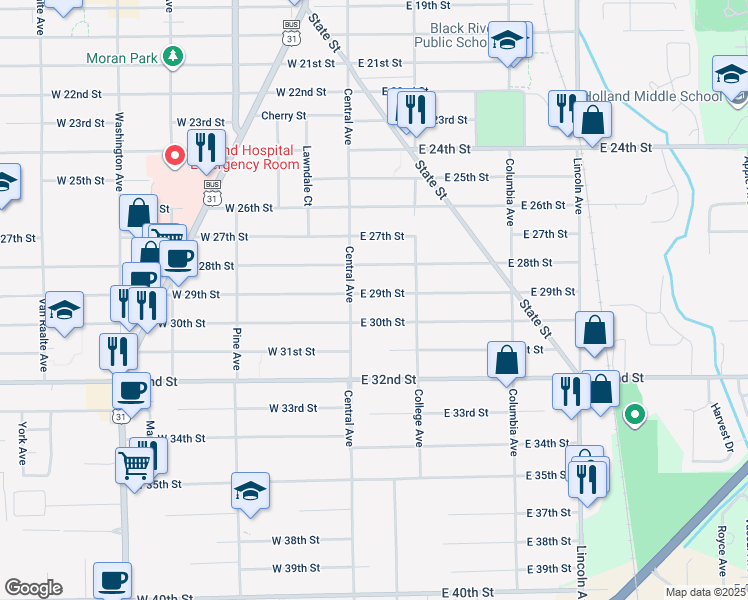 map of restaurants, bars, coffee shops, grocery stores, and more near 22 East 29th Street in Holland