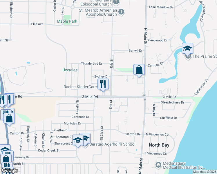 map of restaurants, bars, coffee shops, grocery stores, and more near 4030 Erie Street in Racine