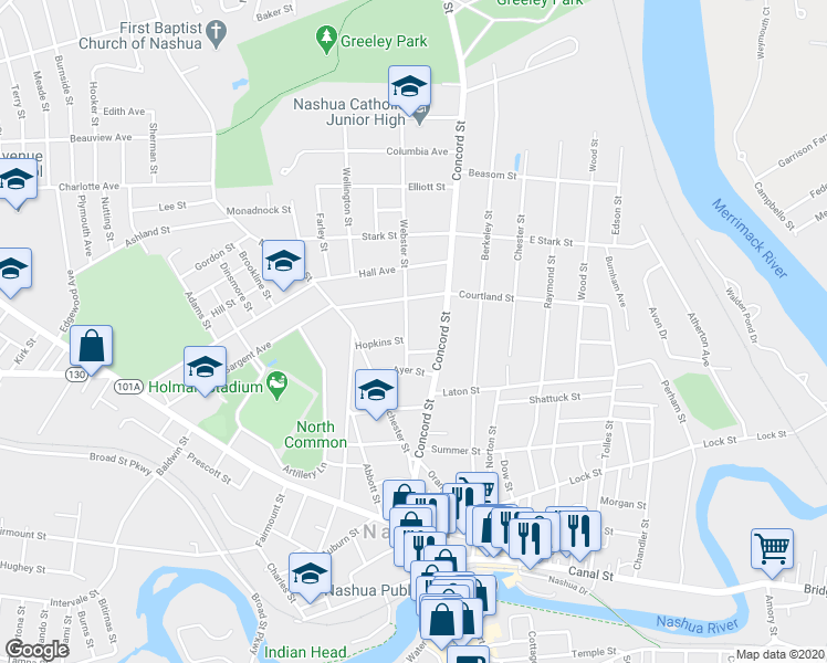 map of restaurants, bars, coffee shops, grocery stores, and more near 5 Webster Street in Nashua