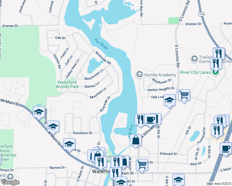 map of restaurants, bars, coffee shops, grocery stores, and more near 317 Riverside Drive in Waterford