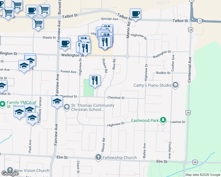map of restaurants, bars, coffee shops, grocery stores, and more near 100 Manor Road in Saint Thomas