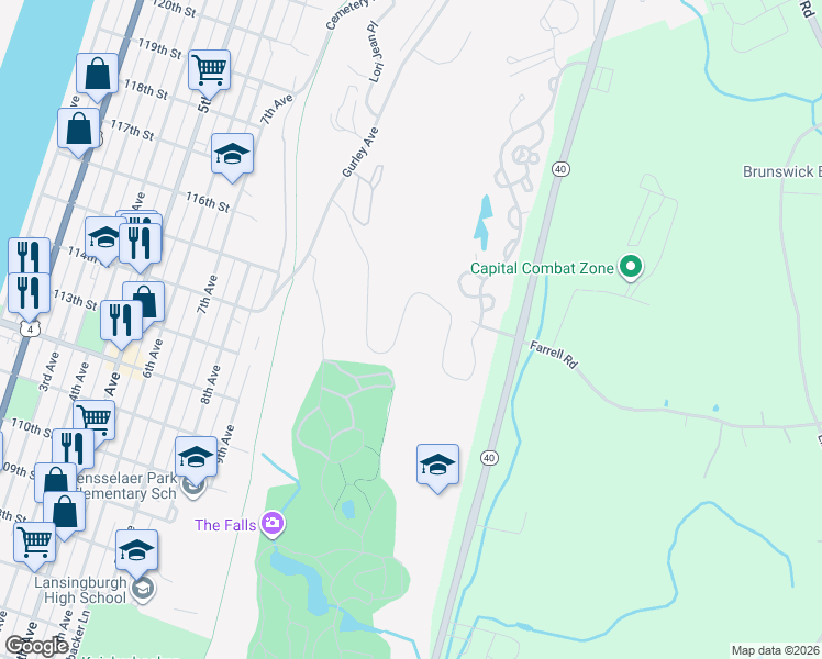 map of restaurants, bars, coffee shops, grocery stores, and more near 5 Stoneledge Drive in Troy