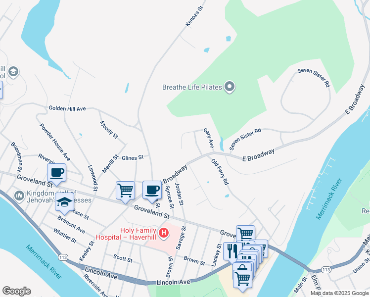 map of restaurants, bars, coffee shops, grocery stores, and more near 100 Gary Avenue in Haverhill