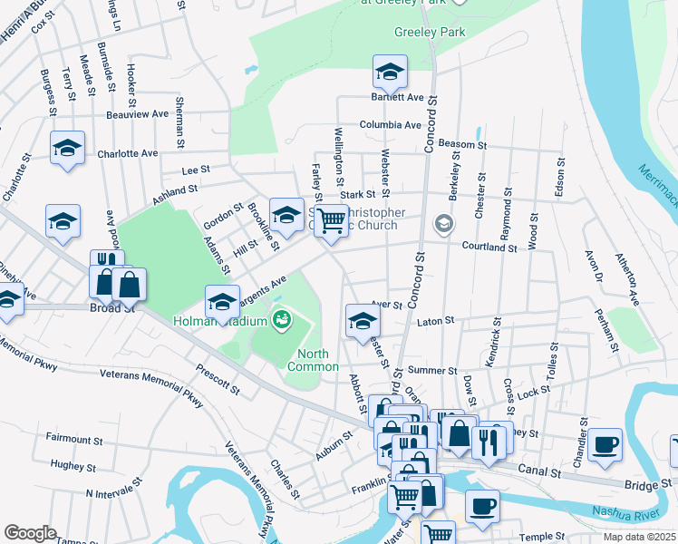 map of restaurants, bars, coffee shops, grocery stores, and more near 31-35 Sargent Avenue in Nashua