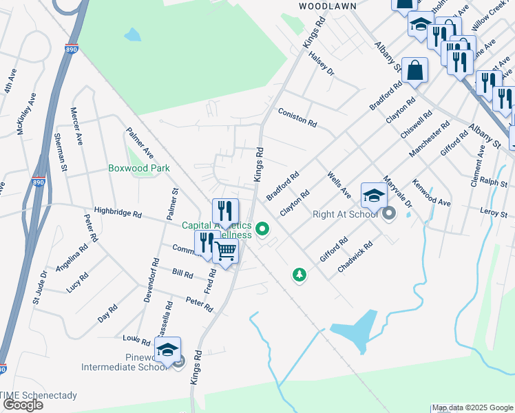map of restaurants, bars, coffee shops, grocery stores, and more near 3055 McDonald Avenue in Schenectady