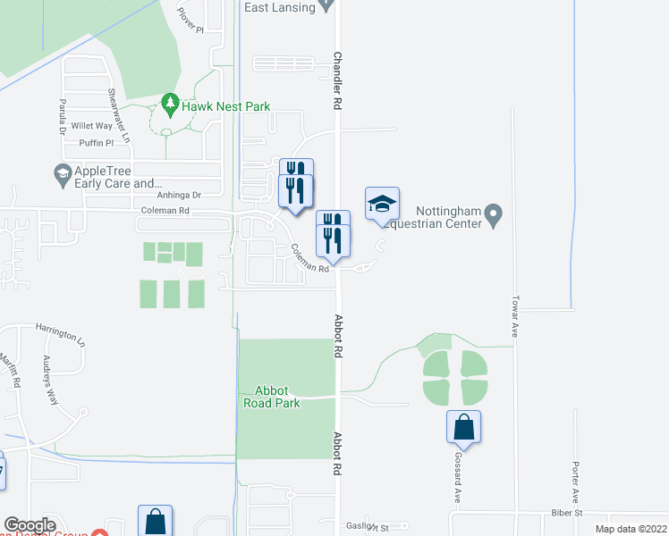 map of restaurants, bars, coffee shops, grocery stores, and more near 16830 Chandler Road in East Lansing