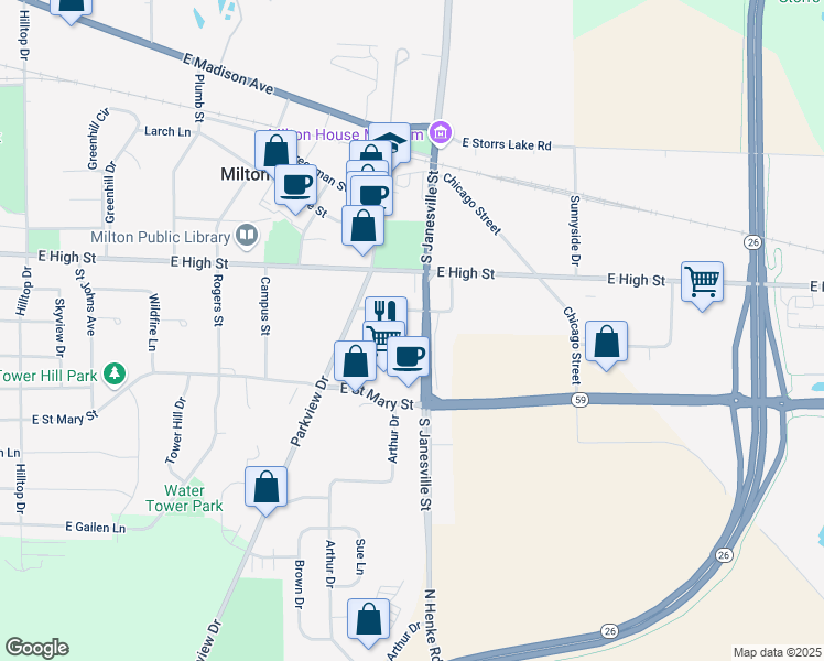 map of restaurants, bars, coffee shops, grocery stores, and more near 641 Mary Lane in Milton