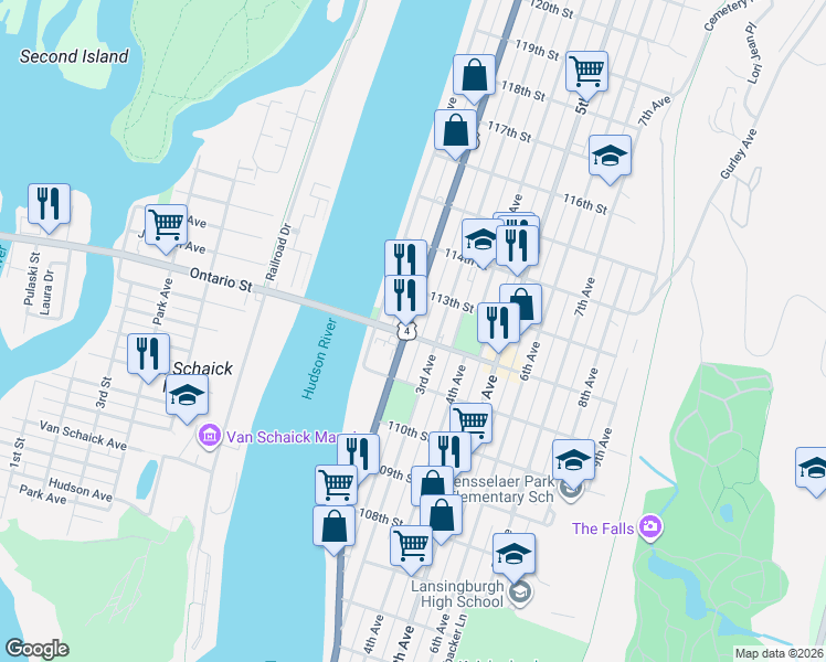 map of restaurants, bars, coffee shops, grocery stores, and more near 472 2nd Avenue in Troy
