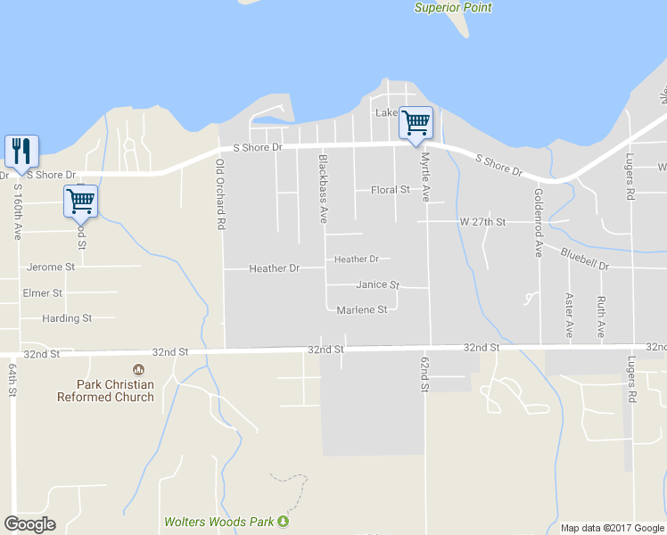 map of restaurants, bars, coffee shops, grocery stores, and more near 1268 Heather Drive in Holland