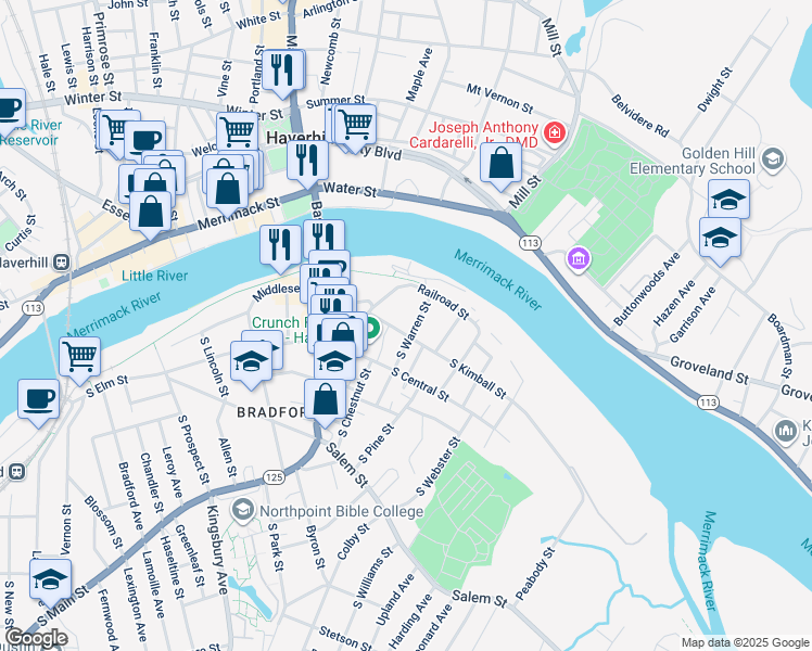 map of restaurants, bars, coffee shops, grocery stores, and more near 12 South Kimball Street in Haverhill