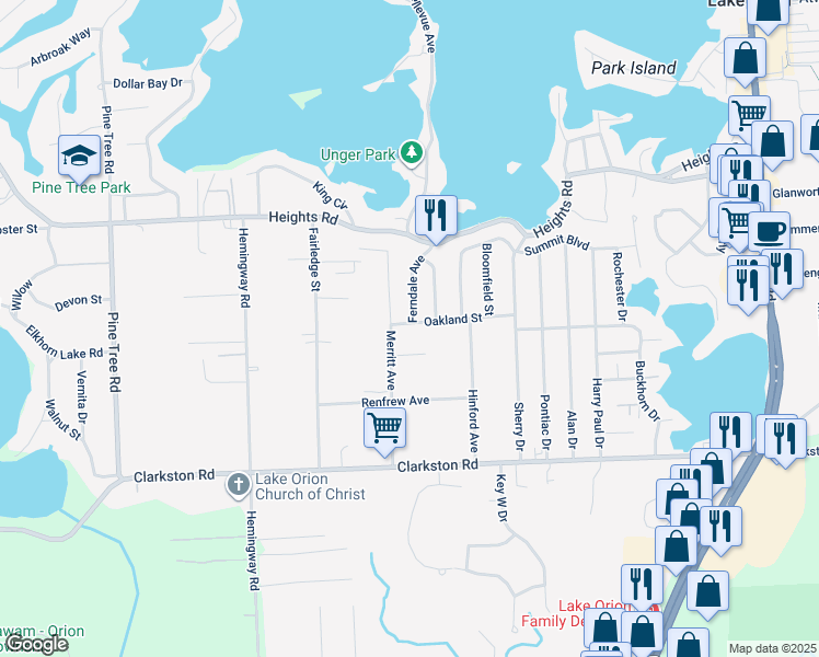 map of restaurants, bars, coffee shops, grocery stores, and more near 599 Oakland Street in Orion Township