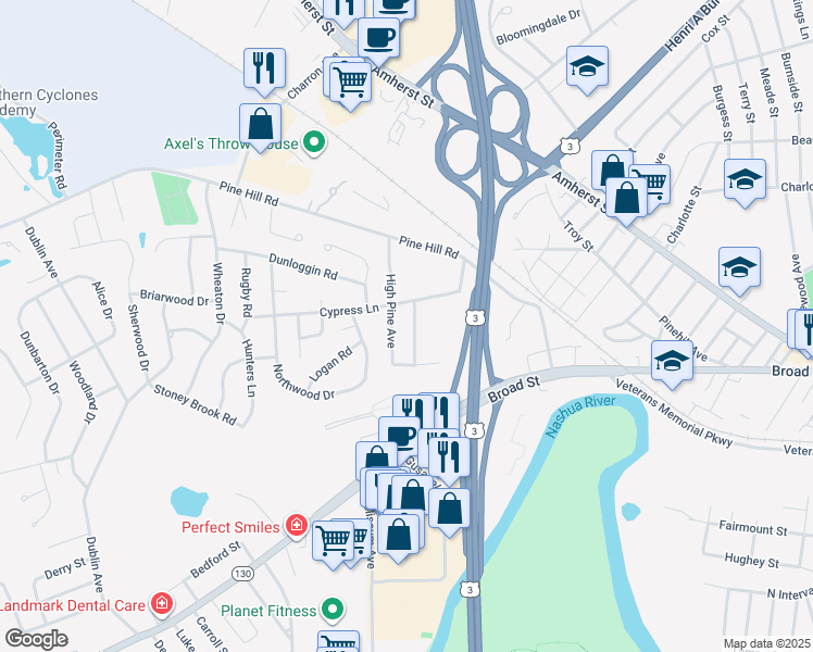 map of restaurants, bars, coffee shops, grocery stores, and more near 127 Flagstone Drive in Nashua