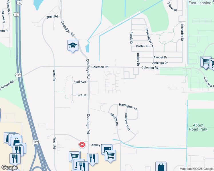 map of restaurants, bars, coffee shops, grocery stores, and more near 3030 Hamlet Circle in East Lansing