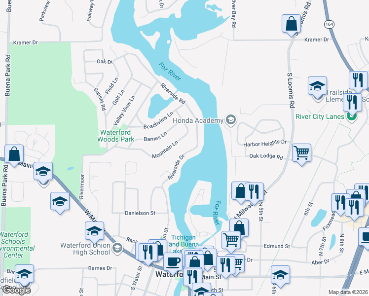 map of restaurants, bars, coffee shops, grocery stores, and more near 4106 Riverside Road in Waterford