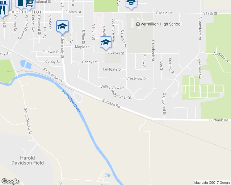 map of restaurants, bars, coffee shops, grocery stores, and more near 912 Ridgecrest Drive in Vermillion
