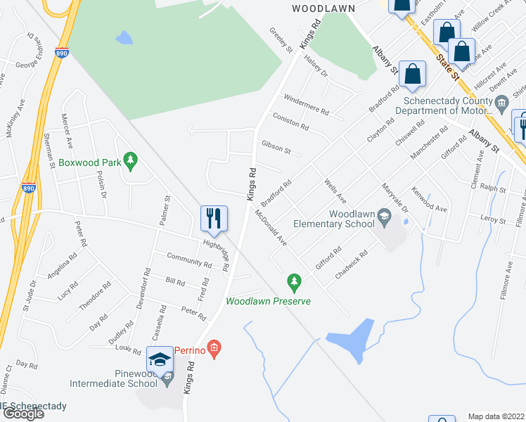 map of restaurants, bars, coffee shops, grocery stores, and more near 3055 McDonald Avenue in Schenectady