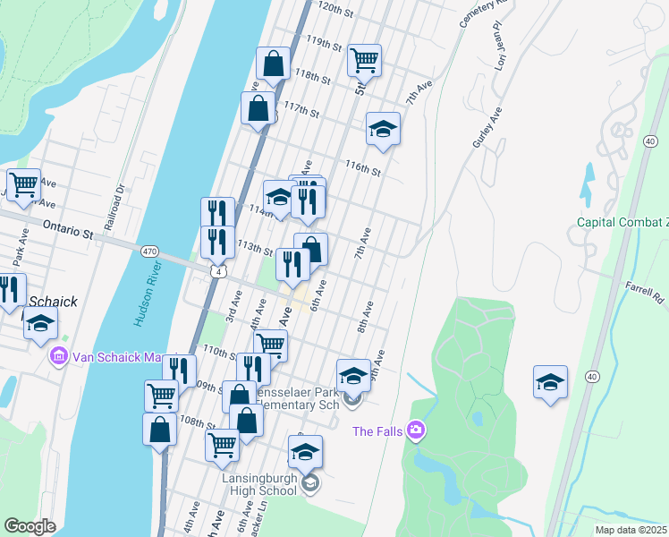 map of restaurants, bars, coffee shops, grocery stores, and more near 44 113th Street in Troy