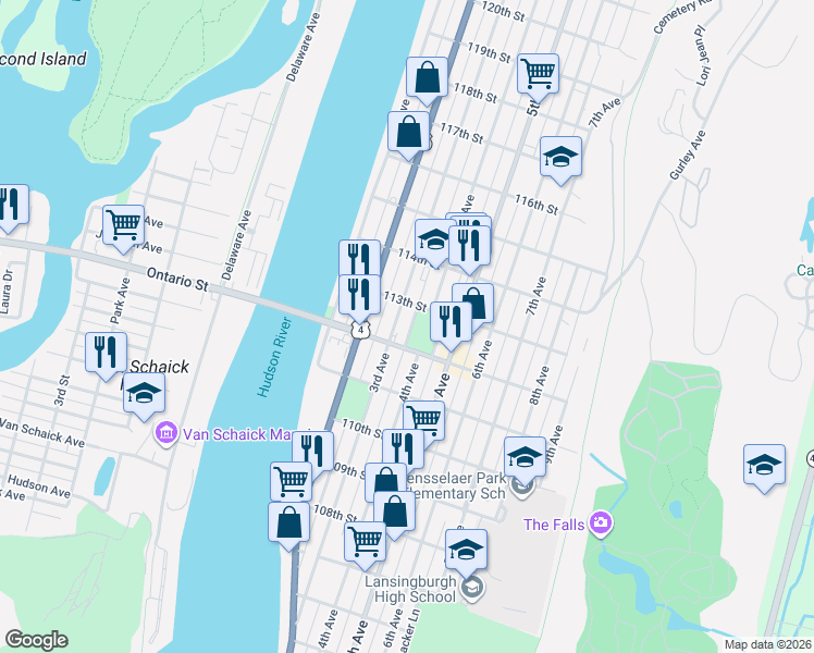 map of restaurants, bars, coffee shops, grocery stores, and more near 484 West Park Place in Troy