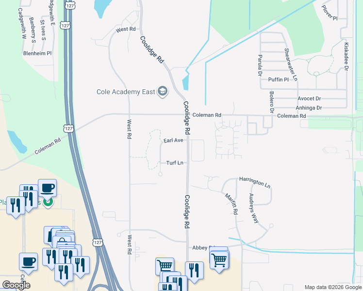 map of restaurants, bars, coffee shops, grocery stores, and more near Earl Ave in East Lansing