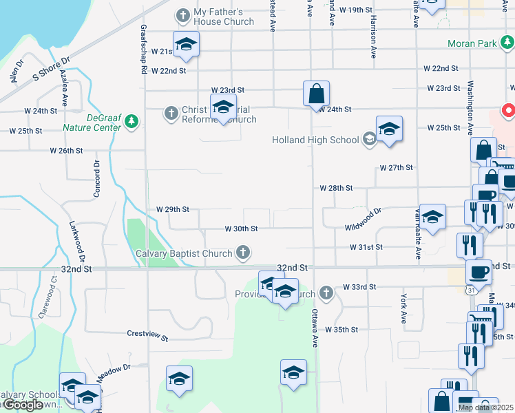 map of restaurants, bars, coffee shops, grocery stores, and more near 505 West 30th Street in Holland