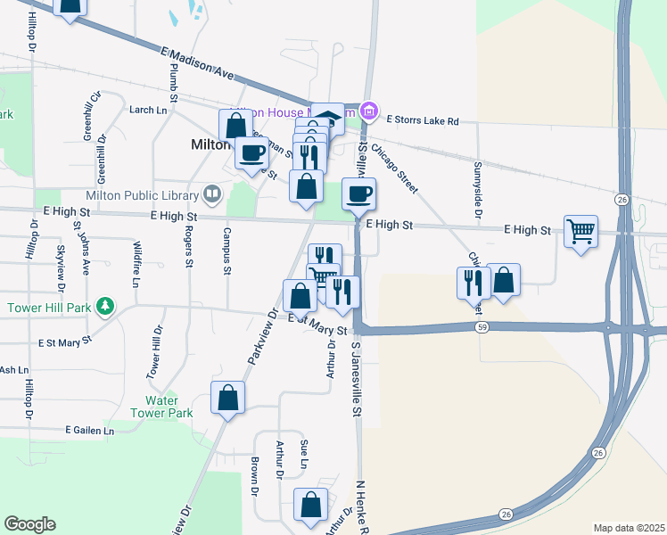 map of restaurants, bars, coffee shops, grocery stores, and more near 641 Mary Lane in Milton