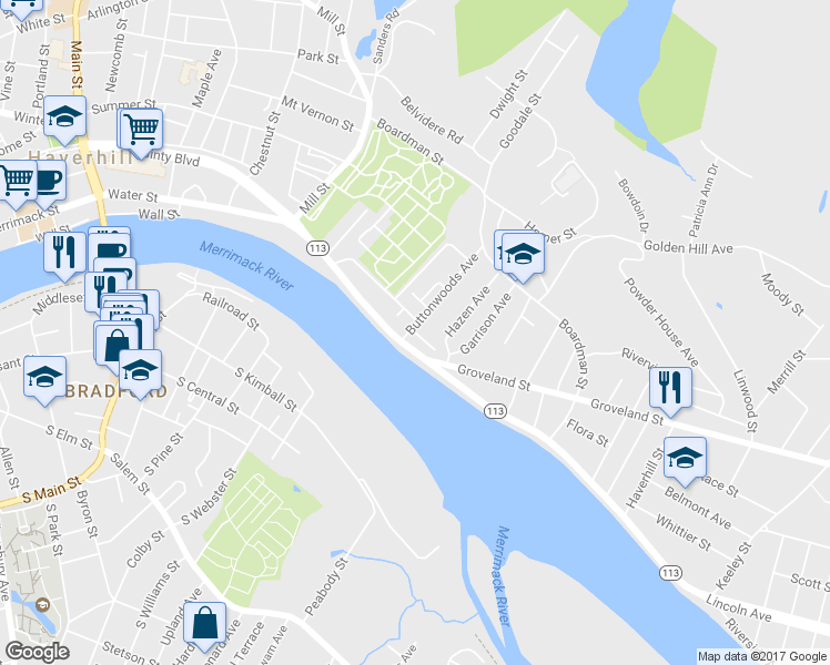 map of restaurants, bars, coffee shops, grocery stores, and more near 18 Buttonwoods Terrace in Haverhill