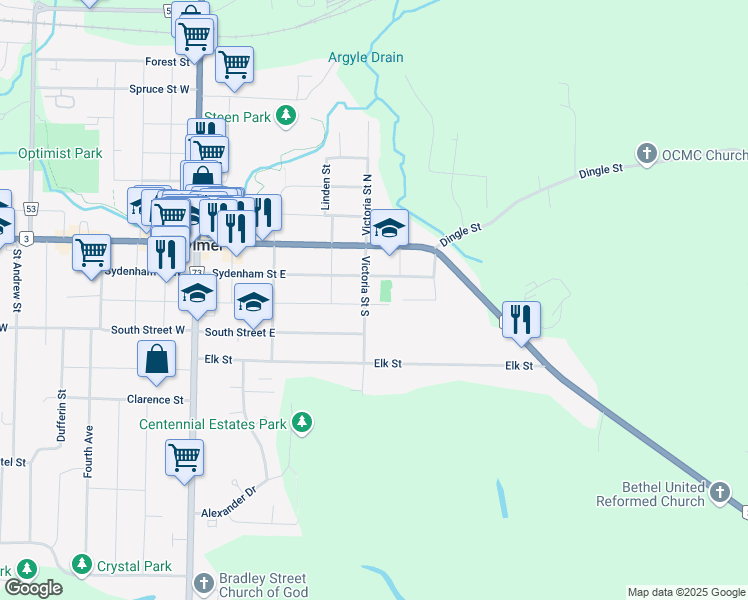 map of restaurants, bars, coffee shops, grocery stores, and more near 112 Pine Street East in Aylmer