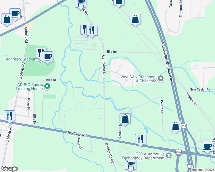 map of restaurants, bars, coffee shops, grocery stores, and more near 4129 California Rd in Orchard Park