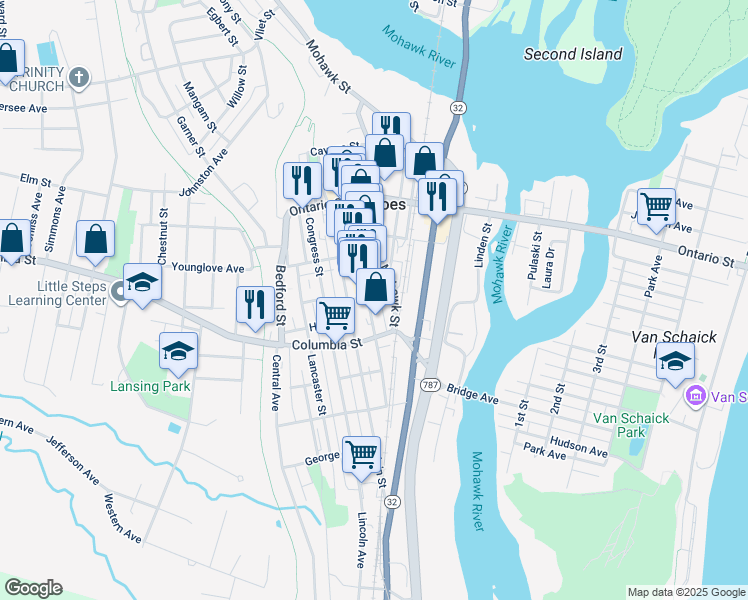 map of restaurants, bars, coffee shops, grocery stores, and more near 88 Howard Street in Cohoes