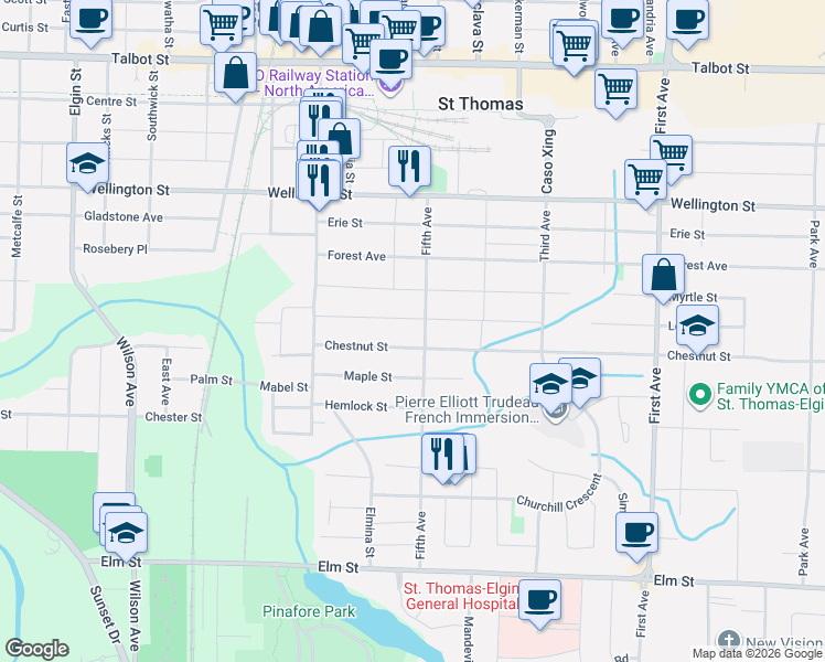 map of restaurants, bars, coffee shops, grocery stores, and more near 73 Fifth Avenue in St. Thomas