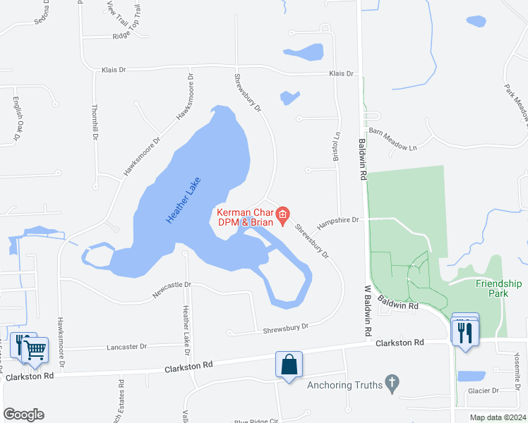map of restaurants, bars, coffee shops, grocery stores, and more near 596 Shrewsbury Drive in Clarkston