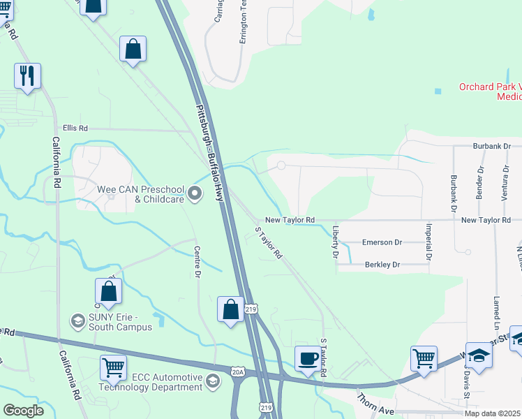 map of restaurants, bars, coffee shops, grocery stores, and more near 5880 New Taylor Road in Orchard Park