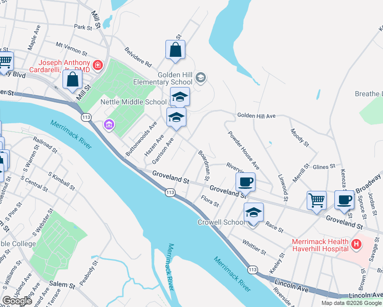 map of restaurants, bars, coffee shops, grocery stores, and more near 32 Fernald Avenue in Haverhill