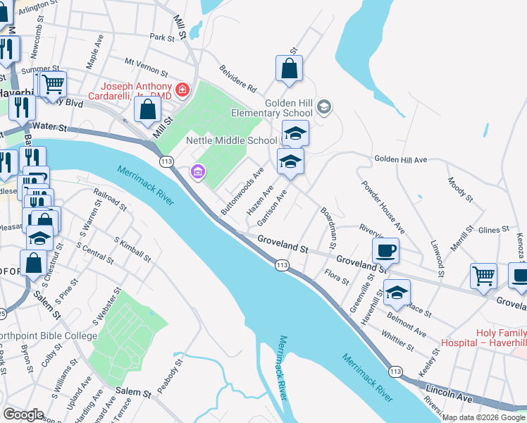 map of restaurants, bars, coffee shops, grocery stores, and more near 8 Garrison Avenue in Haverhill