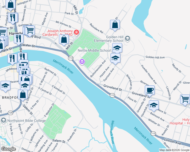 map of restaurants, bars, coffee shops, grocery stores, and more near 292 Water Street in Haverhill