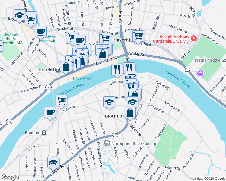 map of restaurants, bars, coffee shops, grocery stores, and more near 3 Bryant Avenue in Haverhill