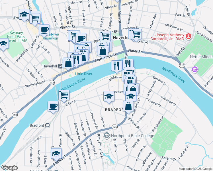 map of restaurants, bars, coffee shops, grocery stores, and more near 3 Bryant Avenue in Haverhill