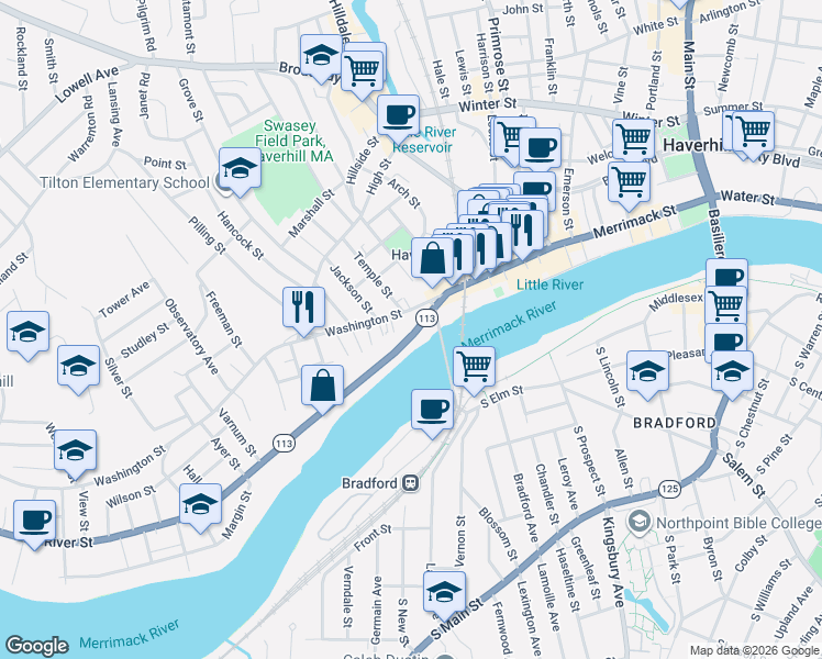 map of restaurants, bars, coffee shops, grocery stores, and more near in Haverhill