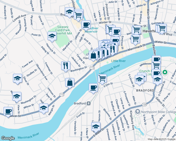 map of restaurants, bars, coffee shops, grocery stores, and more near in Haverhill