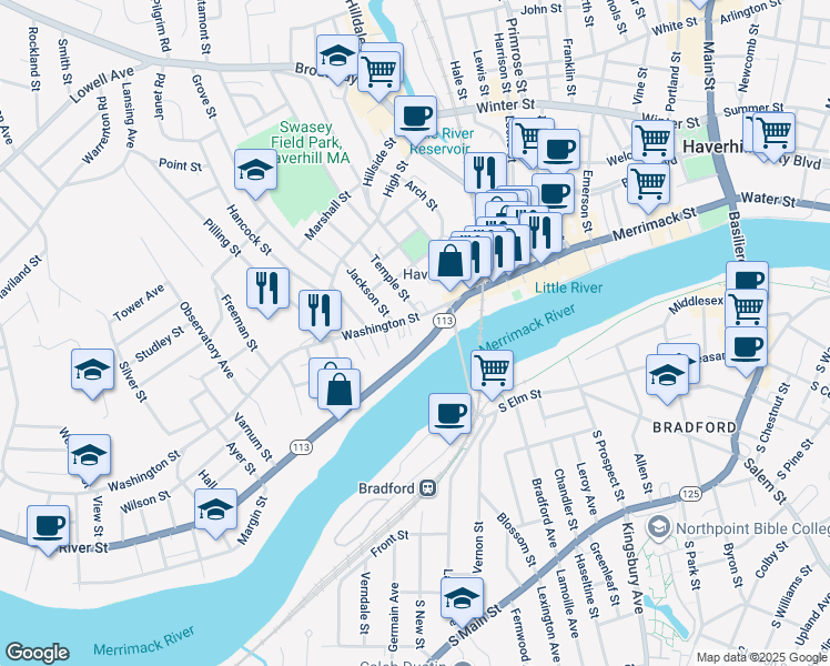 map of restaurants, bars, coffee shops, grocery stores, and more near 18 Sandler Terrace in Haverhill