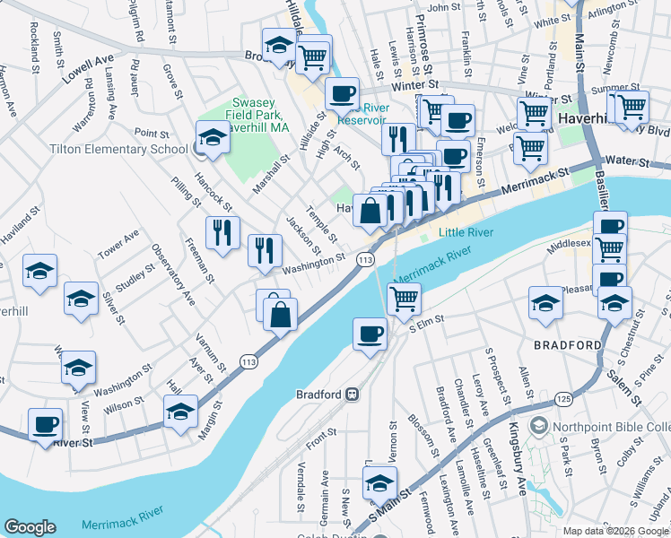 map of restaurants, bars, coffee shops, grocery stores, and more near 18 Sandler Terrace in Haverhill