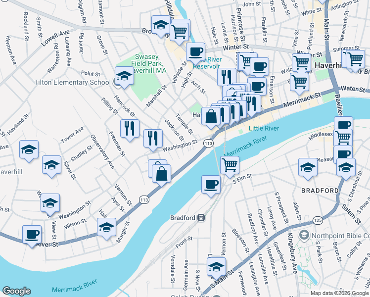 map of restaurants, bars, coffee shops, grocery stores, and more near 18 Sandler Terrace in Haverhill