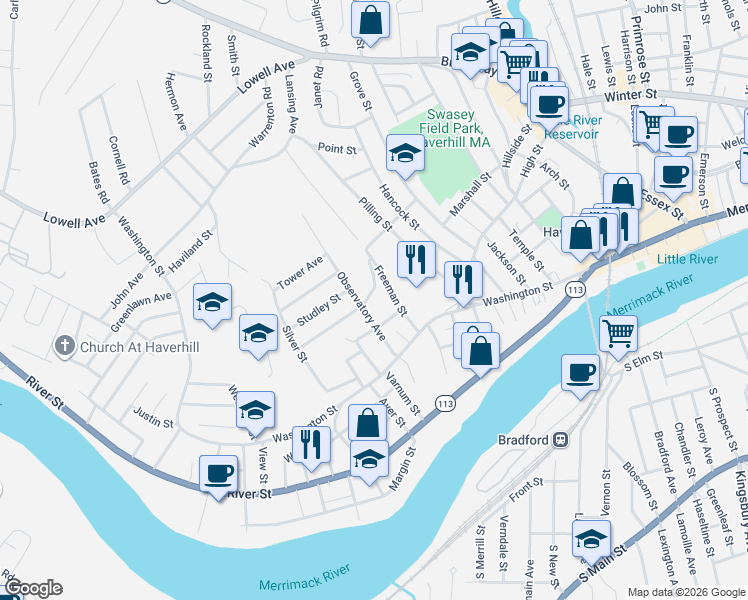 map of restaurants, bars, coffee shops, grocery stores, and more near 42 Ashworth Terrace in Haverhill