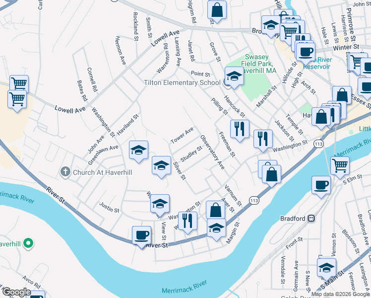 map of restaurants, bars, coffee shops, grocery stores, and more near 12 Studley Street in Haverhill
