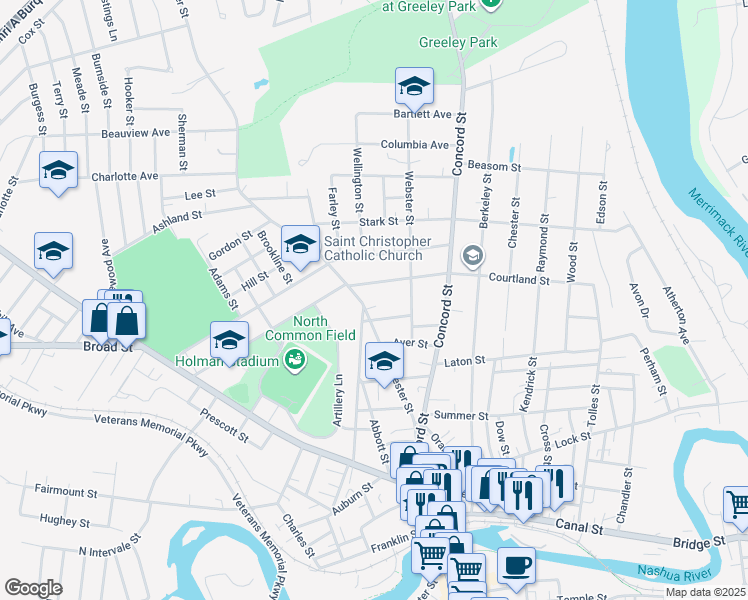 map of restaurants, bars, coffee shops, grocery stores, and more near 10 Hopkins Street in Nashua