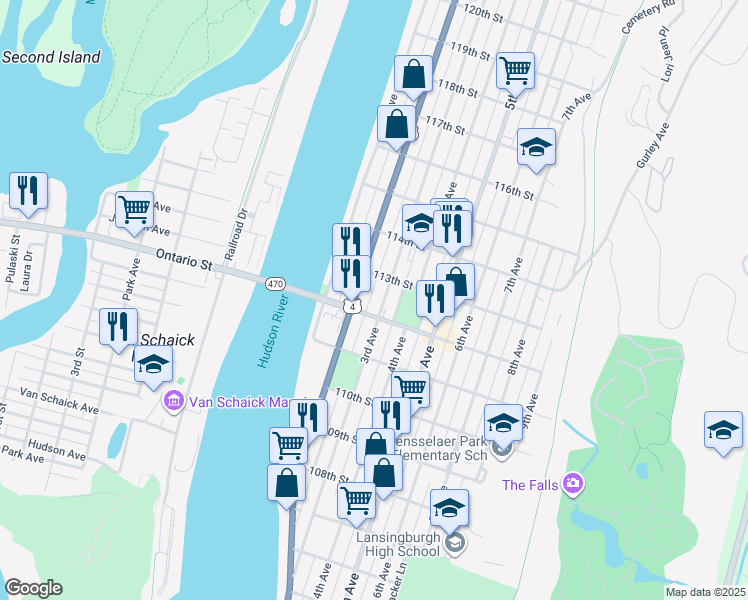 map of restaurants, bars, coffee shops, grocery stores, and more near 11 112th Street in Troy