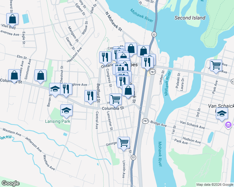 map of restaurants, bars, coffee shops, grocery stores, and more near 65 Congress Street in Cohoes