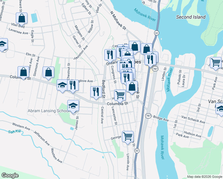 map of restaurants, bars, coffee shops, grocery stores, and more near 65 Congress Street in Cohoes